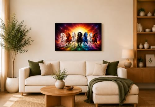 Image of 7 Horse Vastu Sunrise Canvas Painting | Positive Energy Wall Decor | Big Size Premium Running Horses Artwork for Home, Office & Hall Decoration (Modern, Galaxy Horse, 26x18 Inch)
