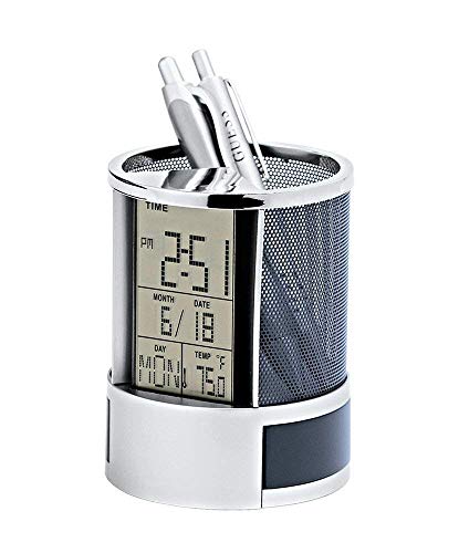 UNIQUE ICON Push Button 2 Drawer Pen Pencil Holder Stand with Digital Alarm Clock Countdown Timer Temperature Display,Black