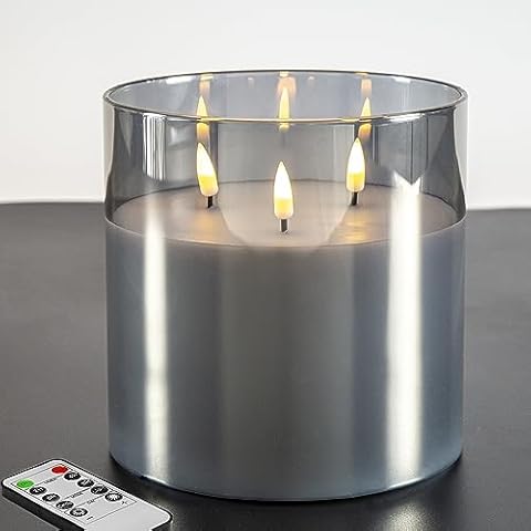 Eywamage 3 Wick Silver Grey Glass Flameless LED Candle with Remote, Flickering Large Battery Pillar Candle Decor Φ 6" H 6" Cover