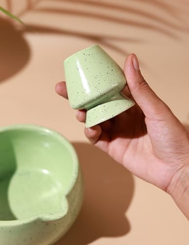 Image of Craftribal Handmade Ceramic Solid Matcha Bowl with Whisk Holder - Pottery Chawan for Japanese Tea Ritual, Matcha Lovers & Gifting|Bowl - 5.5 inches|Holder-2.5 inches|Color-Green