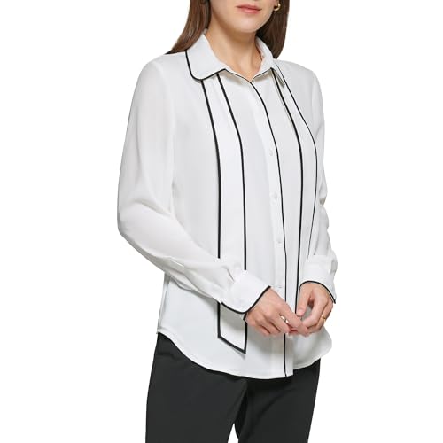 DKNY Women's Long Sleeve Button Front Collared Blouse4