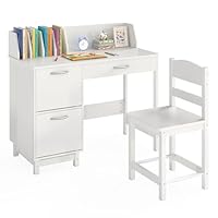 COSTWAY Kids Desk and Chair Set, Wooden Student Study Table with Drawer, Storage Cabinets & Tabletop Bookshelf, Children Writing Table Chair Set for 3-8 Years Old Boys & Girls (White)