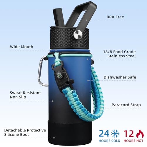 Image of BJPKPK 18oz Insulated Water Bottle with 3 Lids, Straw Lid & Handle