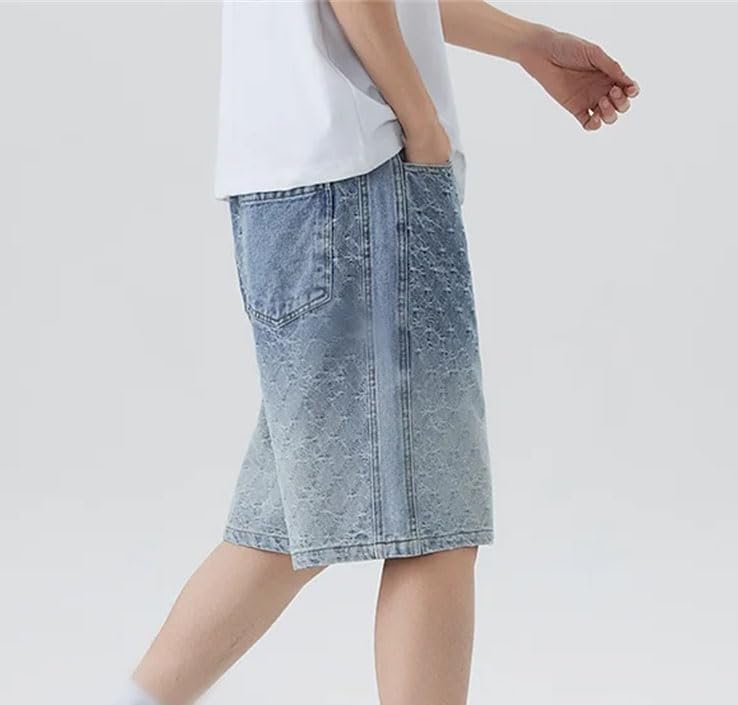 Men's Solid Color Casual High Waist Stretch Textured Denim Shorts