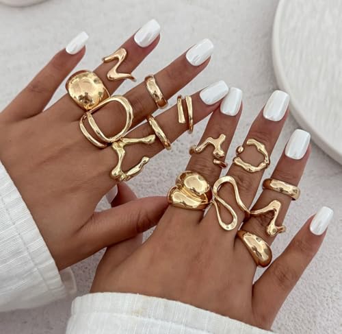 15pcs Gold Chunky Rings Set for Women 14K Gold Plated Thick Dome Stackable Open Plain Band Rings Statement Trendy Rings Gift4