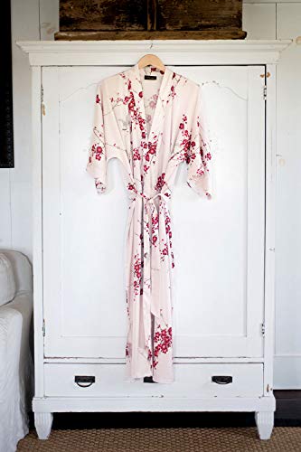 OLDSHANGHAI Women's Charmeuse Kimono Robe Long - Watercolor Floral - Cherry Blossom & Crane- Rose Quartz (Pink)