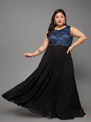 Image of Miss Chase A+ Women's Round Neck Sleeveless Georgette Floral Lace Fit & Flare Maxi Dress