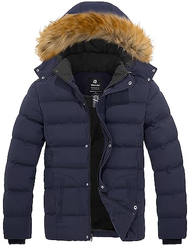 Wantdo Men Heavy Winter Coat Waterproof Puffy Jacket with Hood (Navy, Medium)