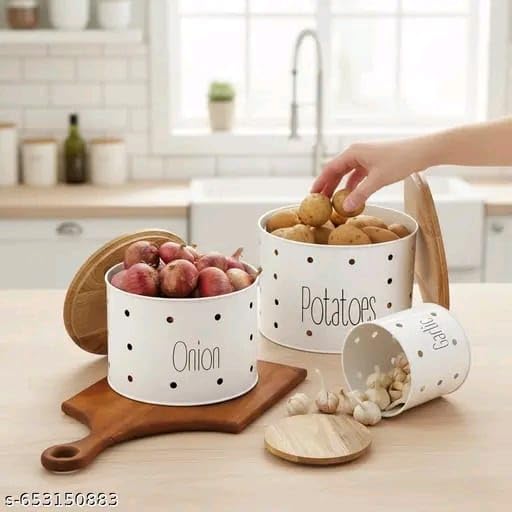 Image of Set of 3 Potato Onion & Garlic Storage Container For Kitchen | Storage Container For Kitchen Storage with Lid. (White)