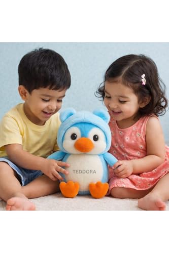 Image of Hoddie Penguin Soft Toy for Girls Boys Kids, Sky Blue, Animal Plush Stuffed Baby Teddy Gift Birthday, 23 cm
