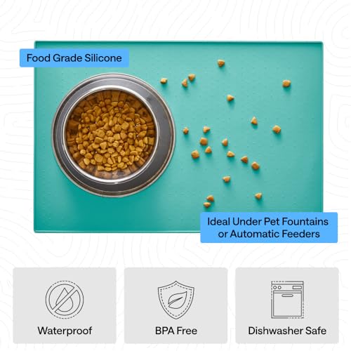 Image of GORILLA GRIP 100% Waterproof Raised Edge BPA Free Silicone Pet Feeding Mat, Dog Cat Food Mats Contain Spills Protects Floors, Placemats for Cats and Dogs Water Bowl, Pets Accessories 16x10, Turquoise