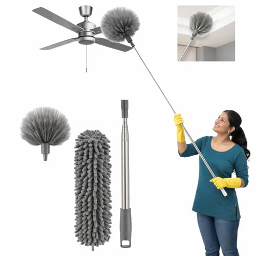 Image of DecorTwist Ceiling Fan Cleaning Duster, Extendable Long Handle Cobweb Brush | Washable microfiber 2-in-1 kit, Extendable long handle. No ladder. For fan blades, cobwebs, lights, blinds & high corners.