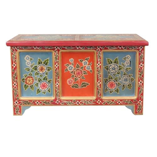 Oriental Galerie Indische Holztruhe mit bunten Blumen Schatztruhe Truhe Kiste Box Holz Indien Rot - Bunt 80 cm