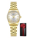 Elegancia Femenina: Este reloj luce una caja redonda delicada, una esfera de diamantes incrustados y marcadores de hora con números romanos clásicos. Refleja elegancia y es ideal para mujeres que valoran los detalles y buscan realzar su estilo diario.