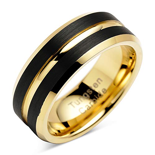100S JEWELRY Engraved Personalized Tungsten Rings for Men's Wedding Bands Black Matte Gold Grooved Center Size 6-16