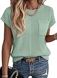 Dokotoo Womens Summer Tops Asymmetrical Short Sleeve Solid Color Crewneck Oversized Sweaters Dressy Casual Lightweight Soft Sweater Blouses Fashion Cruise Outfits Trendy Clothes,Bean Green Large