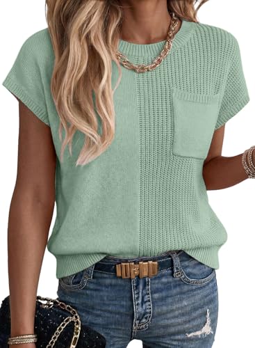 Dokotoo Womens Summer Tops Asymmetrical Short Sleeve Solid Color Crewneck Oversized Sweaters Dressy Casual Lightweight Soft Sweater Blouses Fashion Cruise Outfits Trendy Clothes,Bean Green Large