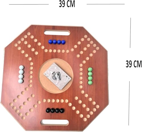 Image of Wooden Board Game for 4 Players - Includes Glass Marbles & Cards - Classic Multiplayer Strategy Game Set - 39x39 cm Wooden Board