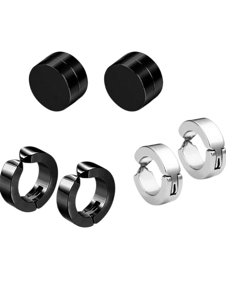 Stud Earrings Set for Men, 3 Pairs, Black and Silver, Non-Piercing Clip-On Style
