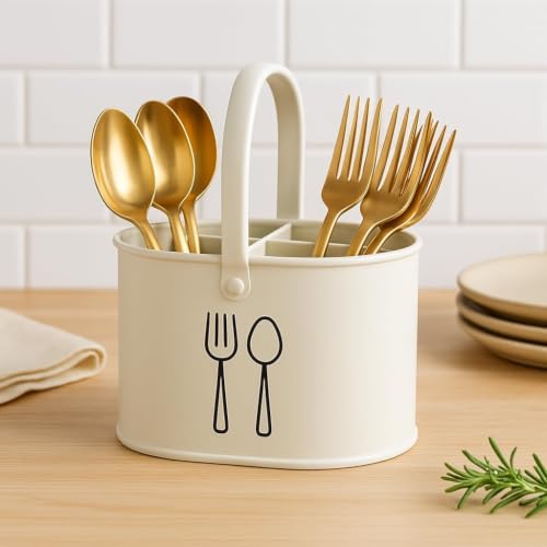 Image of Clazkit Plastic Cutlery Holder for Kitchen Counter | Rust-Resistant Spoon, Fork & Knife Organizer | Multipurpose Utensil Storage Basket | Ivory