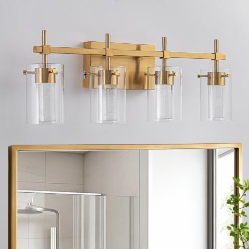 Image of 4-Light Gold Vanity Light with 3 Color Modes (3000K /4000K /6000K), Eye Protection LED Bathroom Light Fixture, Dimmable Modern Wall Light Over Mirror with Clear Glass Shade