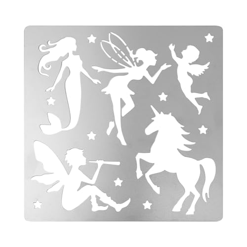 FINGERINSPIRE Pochoir de fée en métal 15,6 cm Carré Licorne Scrapbooking Dessin Pochoirs Acier Inoxydable Sirène Peinture Pochoirs pour Gravure,...