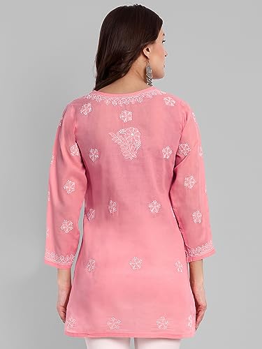 Image of Ada Hand Embroidered Lucknow Chikankari Straight Round Neck Cotton Blend Short Kurti Tunic Top for Women A911333