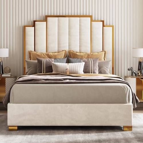 Image of AMERLIFE Queen Size Upholstered Bed, Modern Velvet Bed Frame with 61.4 inch Tall Gold Trim Headboard, No Box Spring Needed, Cream