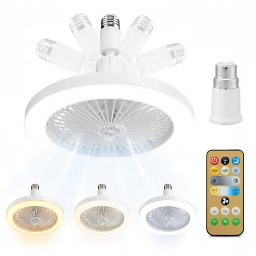 Image of Ceiling Fan with Light & Remote Control for Bedroom, E27 & B22 Compatible 360° Adjustable, Smart, Low Profile, Screw in Cooling Fan Lamp, Lightbulb Fan, Living Room
