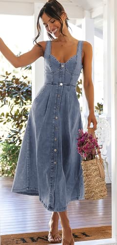 ebossy Stretchy Smocked Denim Dress for Women Sleeveless Babydoll Button Down Midi Long Jean Dresses4