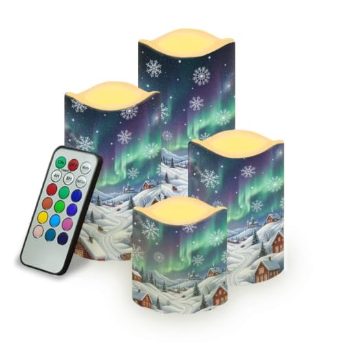 Image of Christmas Flameless LED Candles Set of 4 | Aurora Winter Village, Xmas Flameless Candles, with Remote Flickering, LED Candles with Timer for Holiday Patio Accents