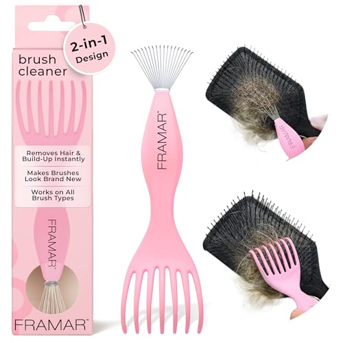 FRAMAR Premium Hair Brush Cleaner Tool – Hairbrush Cleaner Tool, Brush Cleaner Tool for All Types, Comb Cleaner – 2 in 1 Design Removes Hair & Build up Instantly – Pink