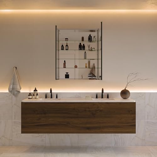 Image of Fresca Bath 30 inch W x 36 inch H Modern Bathroom Medicine Cabinet with Mirrors, Recessed or Wall-Mount Installation, 4 Adjustable Glass Shelves, 2 Mirrored Doors - #FMC8091