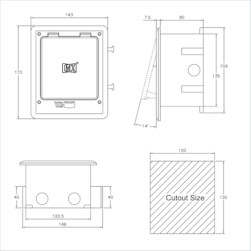 Image of MX IP66 Watertight Floor Box - 6-Module Concrete Floor Pop-Up with Stainless Steel Plate, Slide Push Button, 45 Series Modules, Silver