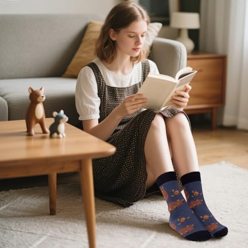 Riqiaqia 5 Paar Damen Socken Lustige Bunte Baumwolle Crew Socken mit Katze Hund Muster, Weihnachtsgeschenke für Damen Frauen, Einheitsgröße