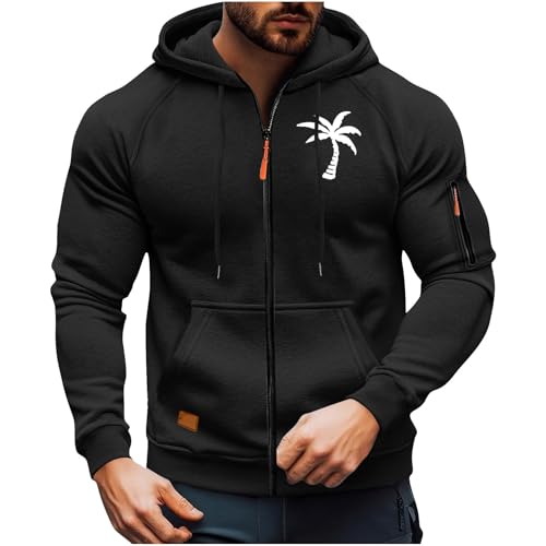 MLUTJINOO Mens Jackets Fashion Big And Tall, Men Sport Sweatshirt Tropical Coconut-Tree Print Long Sleeve Zipper Drawstring Hoodies With Pocket Heavy Winter Coats Black (3XL, Black)