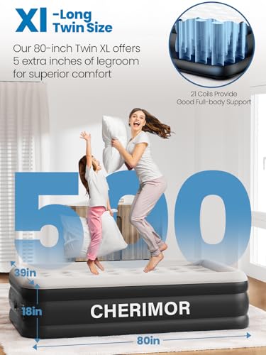 CHERIMOR Twin XL Air Mattress with Built-in Pump, 18\" Raised Comfort, 80“ Length, 48Hr Leak-Proof Test, Upgraded Honeycomb Pillar Design, Supports 500 lbs, 2-Min Inflation for Home, Guests & Camping - Thumbnail 3
