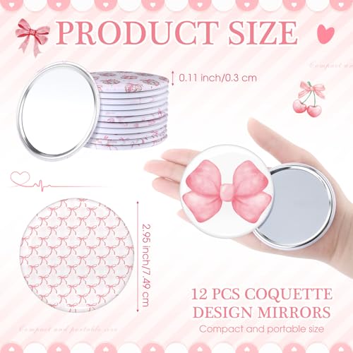 Chunful 24 Pcs Coquette Bow Party Favors 12 Canvas Makeup Bags 12 Coquette Aesthetic Compact Mirror Zipper Pouch Round Pocket Mirrors for Women Guests Quinceanera Party Favors(Pink,Cute Style)2