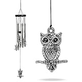 Owl Windchimes - Silver Metal Owls - Mobile Musical Wind Chime - Porch Deck Garden - 26' Long