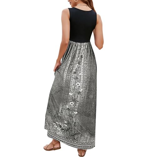 Image of Sherosa Women Boho Chevron Striped Floral Printed Summer Sleeveless Tank Long Maxi Party Dress