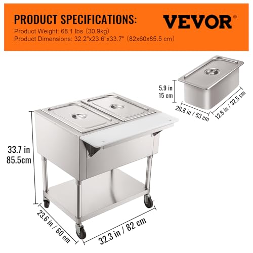 Image of VEVOR Commercial Electric Food Warmer, 2-Pot Steam Table Food Warmer, Features 0-100℃ Adjustable Temp, Movable Professional Stainless Steel Table with ETL Certification for Catering and Restaurants