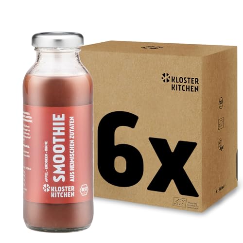 Kloster Kitchen Bio Smoothie de Manzana Roja, Pera y Fresa 6x250 ml | Desayuno Vegano con Superalimentos | Botella de Vidrio para Llevar | Alimentos Energéticos con Ingredientes Locales