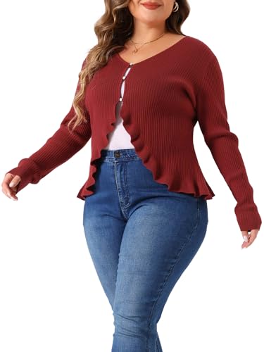 Agnes Orinda Plus Size Cardigans for Women Long Sleeve Knit Sweater Open Front Ruffled Button Cardigan Outerwear2