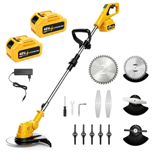 Decespugliatore a Batteria 21V, Tagliaerba Elettrico con 2 Batterie 4,0Ah, 3 Tipi di Lame, Altezza regolabile e testa girevole a 90°, Decespugliatore Per Taglio Di Giardini, Prati E Terreni
