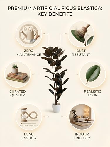 Image of Kayra Decor Artificial Rubber Plant 5ft - Lush Green Ficus Elastica Tree with White Pot | Realistic Indoor Rubber Tree for Living Room, Balcony & Office Decor