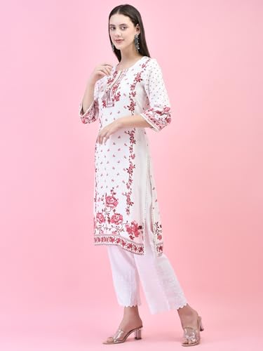Image of Shree Women Liva (Rayon) White Floral Print Kurta