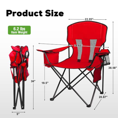 Image of Romswi Portable Camping Chairs, Heavy Duty Folding Outdoor Chairs, Folding Chair with 4-Can Cooler Bag for Camping, Fishing, Garden, 2-Pack, Red