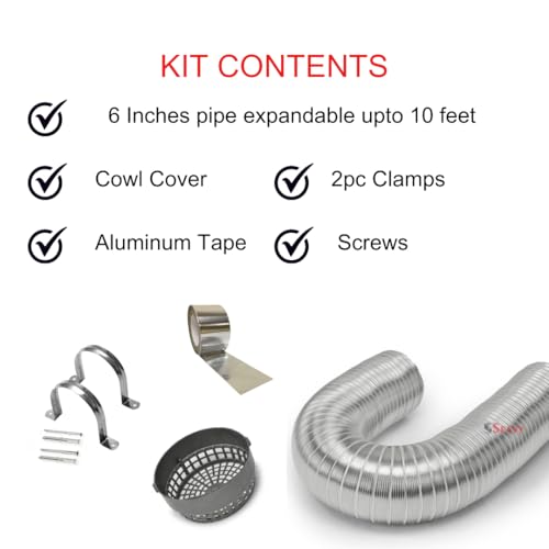 Image of 6 Inches 10 ft Kitchen Chimney Exhaust Duct Pipe Installation Kit with Cowl Cover, Clamp, Screws, Aluminum Tape | Compatibe with all Brands of Chimney (6 inch 10 ft Kit), Silver