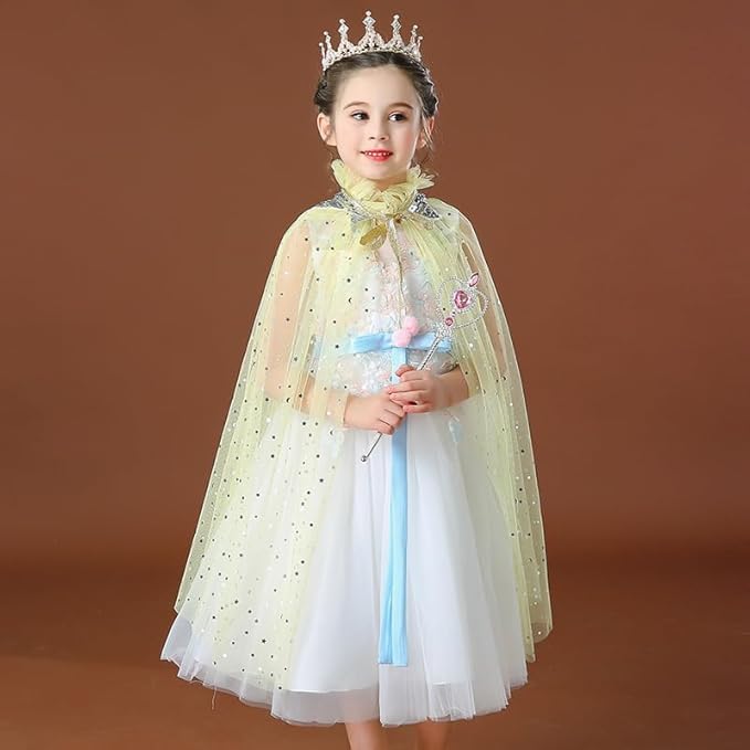 Image of Princess Cape for Girls - Colorful Sequin Cloak with Crown and Wand for Birthday, Halloween, Fancy Dress & Carnival