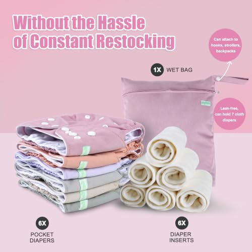 Image of wegreeco Cloth Diapers 6 Pack with 6 Inserts & 1 Wet Bag, Washable Cloth Diapers for Babies, One Size Adjustable Reusable (Dreamy Pink and Purple)